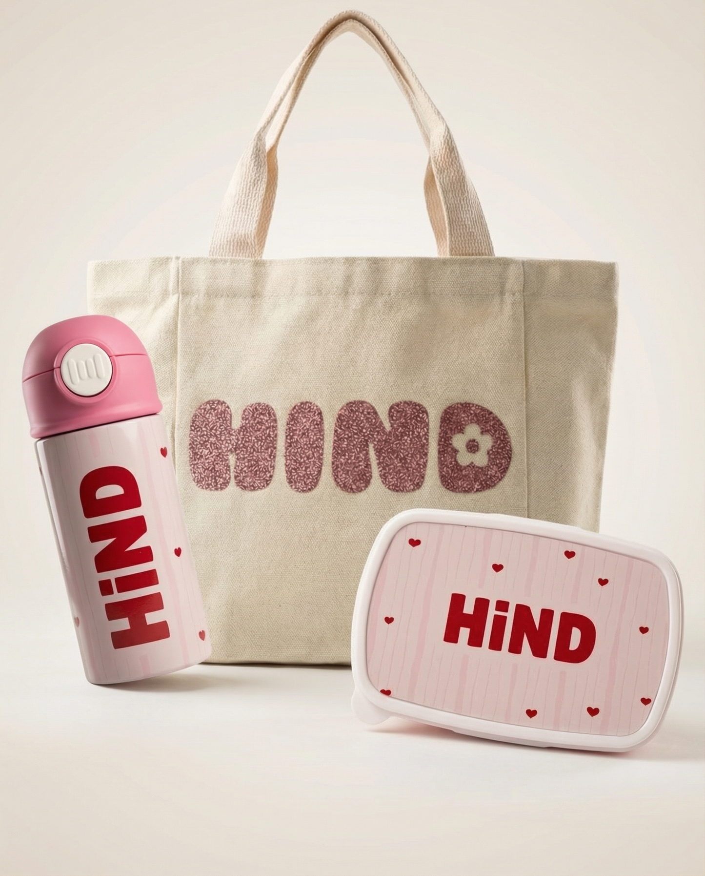 Personalized kids birthday gift set with tote bag bottle and lunch box
