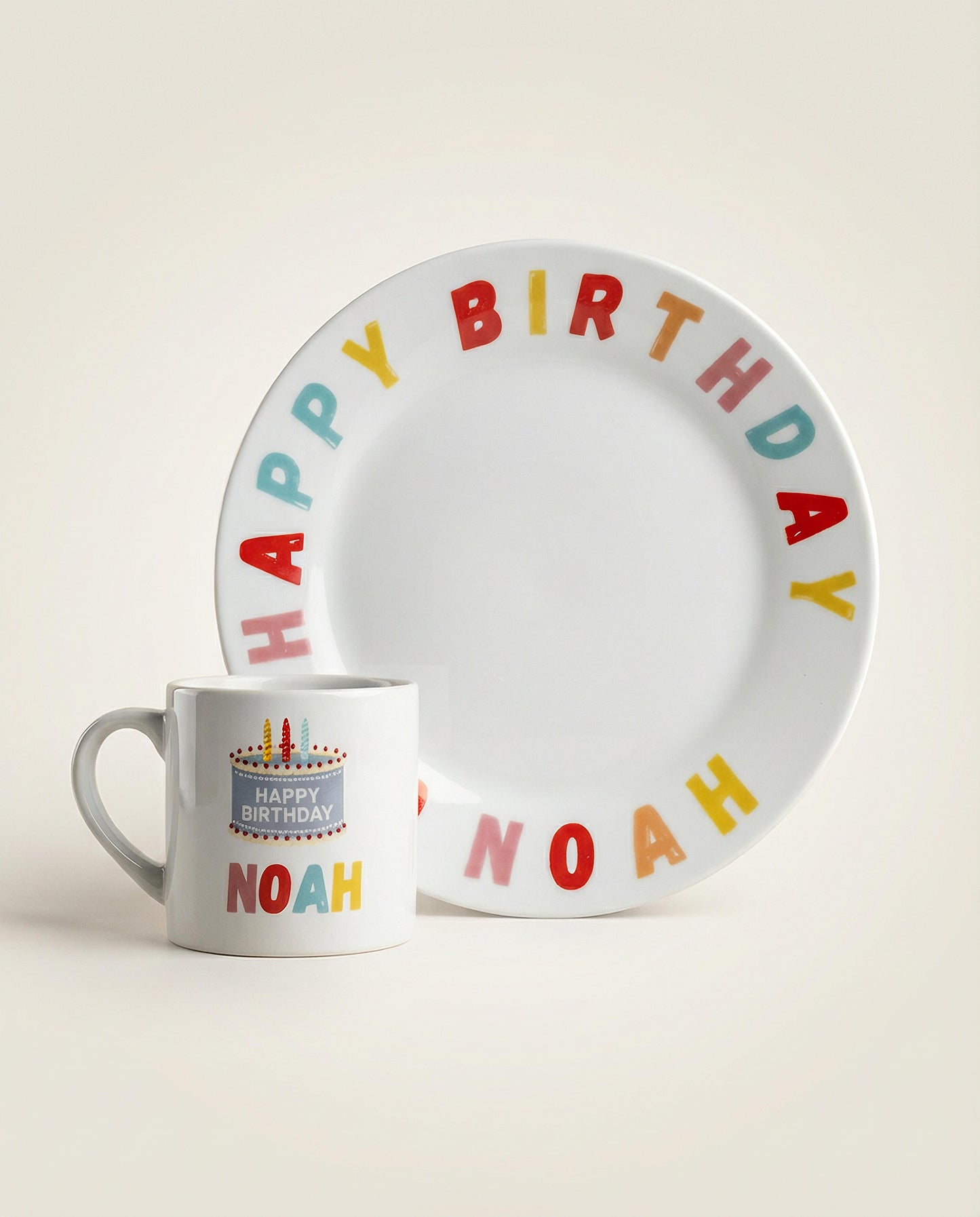 Personalized kids birthday mug and plate set with custom name in UAE
