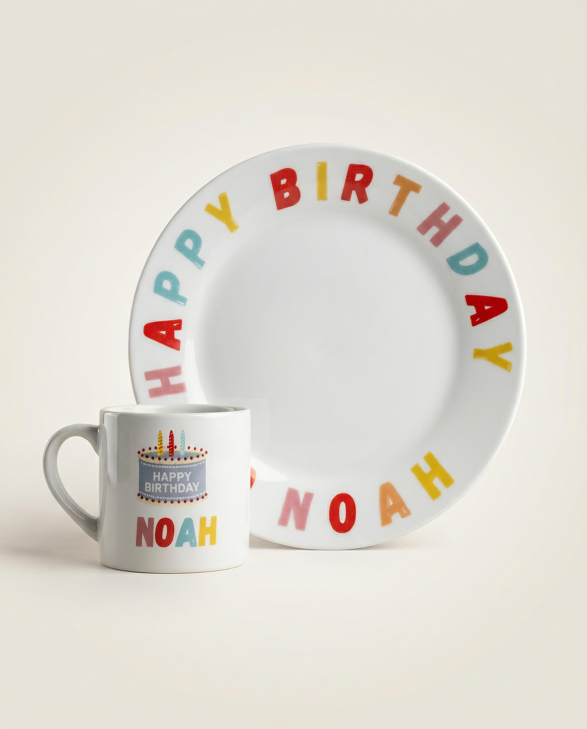 Personalized kids birthday mug and plate set with custom name in UAE
