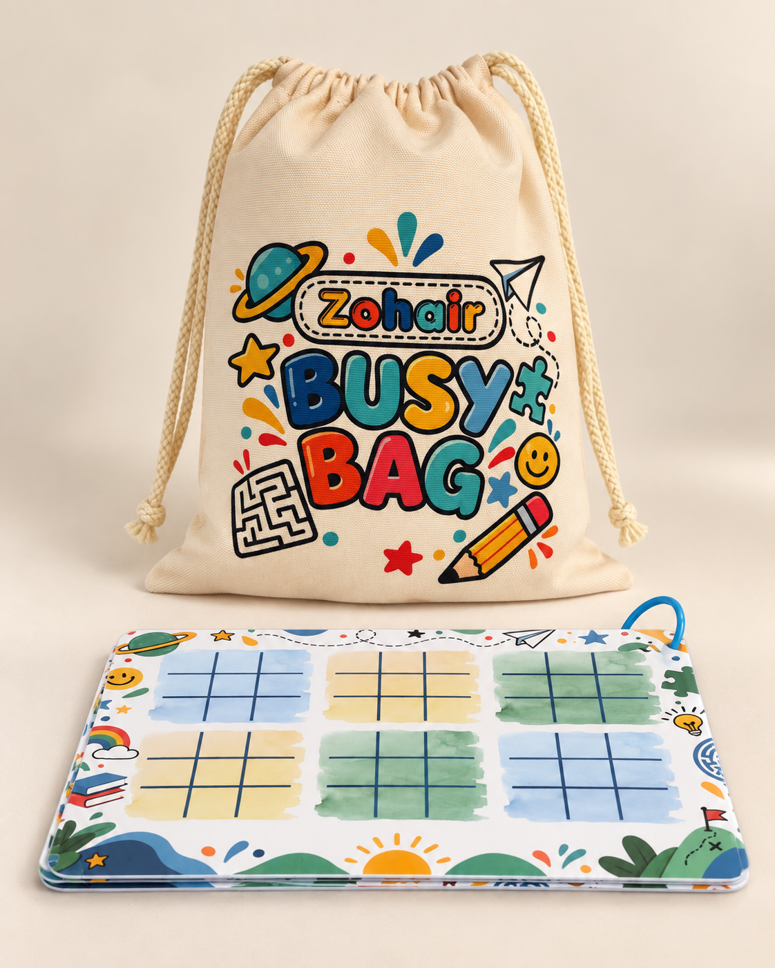 Personalized kids Busy Bag with reusable educational activity pages and custom name – LIROZA UAE