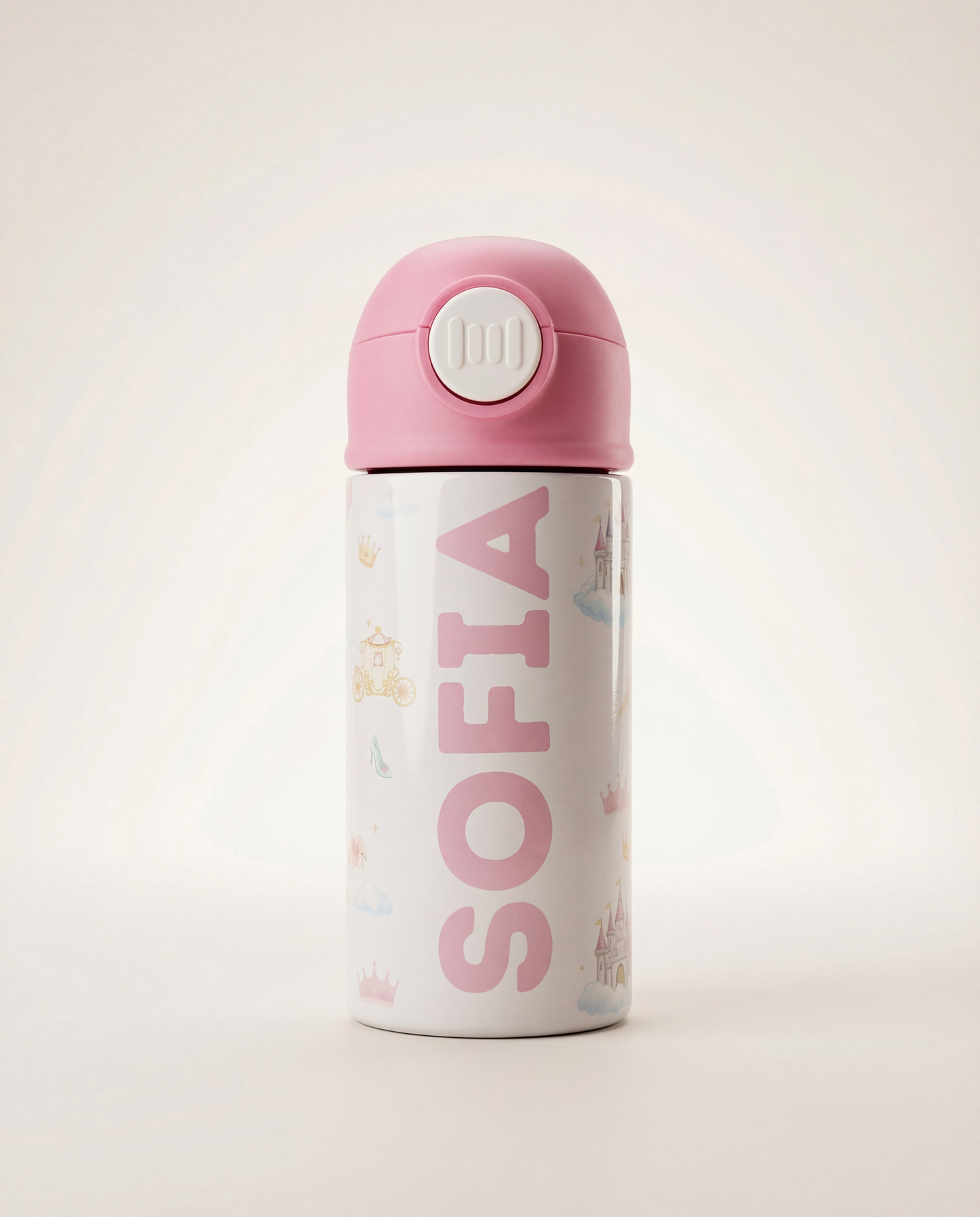 Personalized kids stainless steel water bottle with pink cap and custom name in UAE
