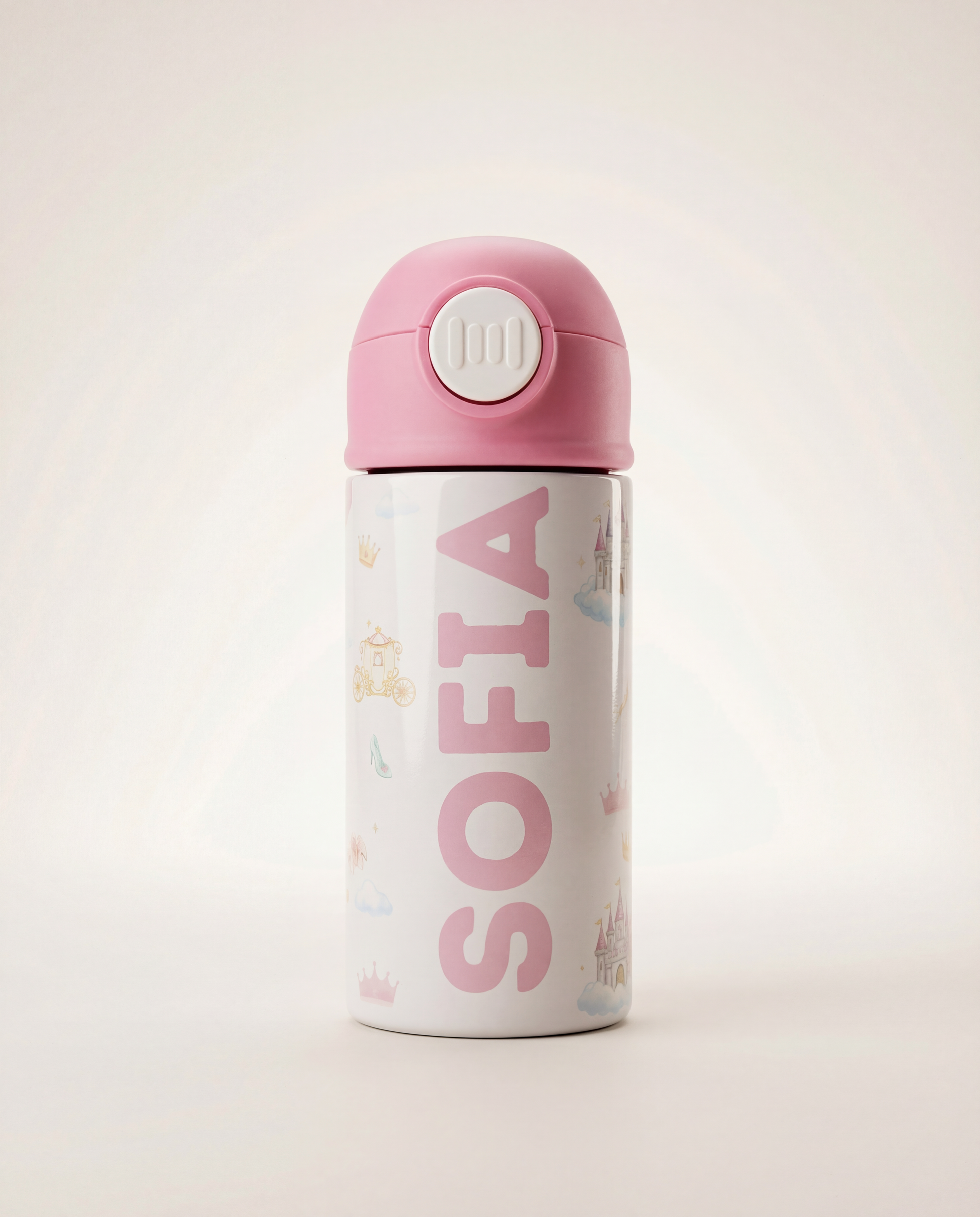 Personalized kids stainless steel water bottle with pink cap and custom name in UAE
