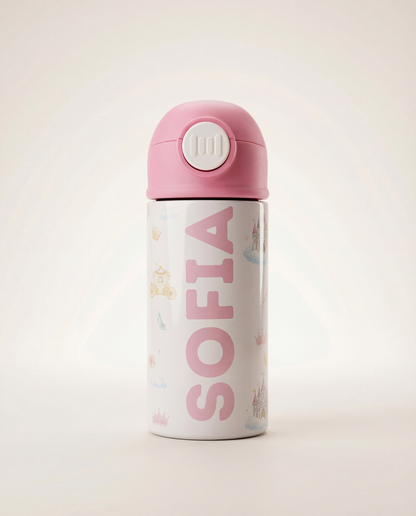 Personalized kids stainless steel water bottle with pink cap and custom name in UAE
