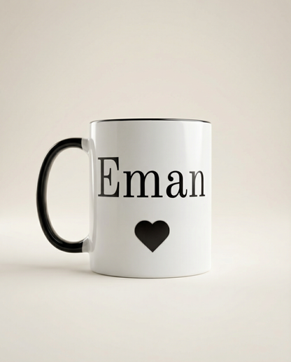Personalized 11oz ceramic mug with black handle and custom name