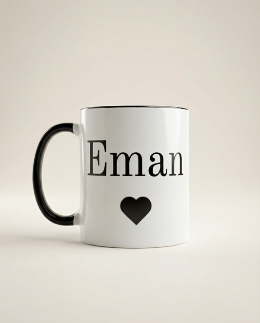 Personalized 11oz ceramic mug with black handle and custom name