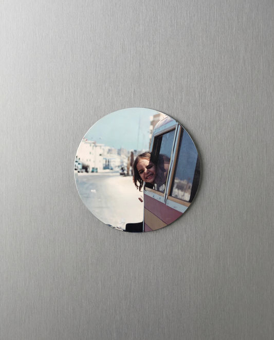 Personalized round photo fridge magnet printed on aluminum panel in UAE
