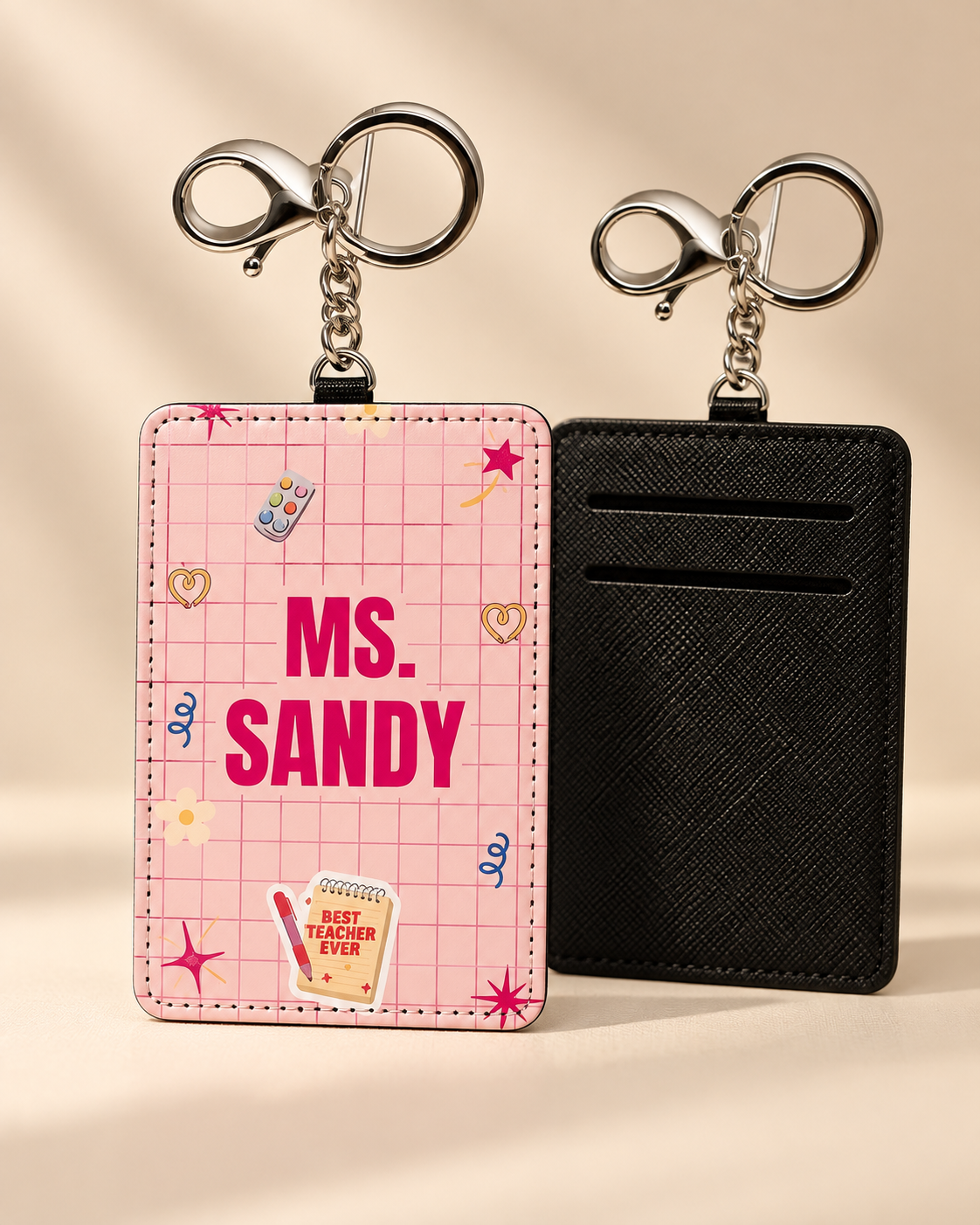 Personalized teacher ID card holder showing custom name front and card slots on back