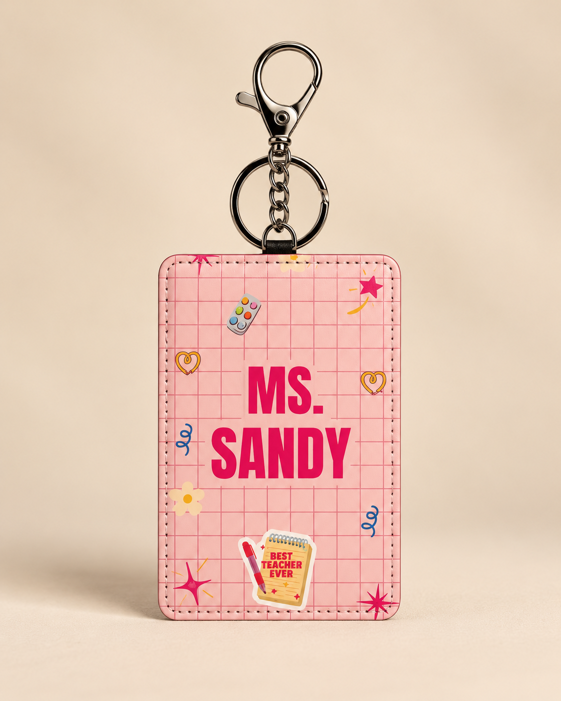 Personalized pink teacher ID card holder with custom name and keychain