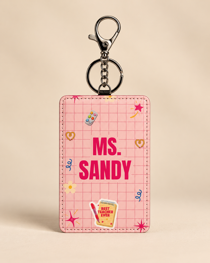 Personalized pink teacher ID card holder with custom name and keychain