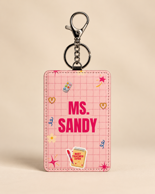 Personalized pink teacher ID card holder with custom name and keychain