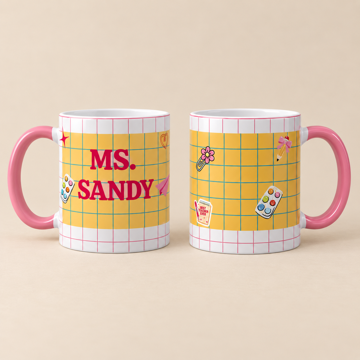 Personalized teacher mug front and back view with custom name, school design and pink handle
