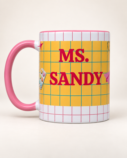 Personalized teacher mug with name and pink handle for Teacher’s Day gift