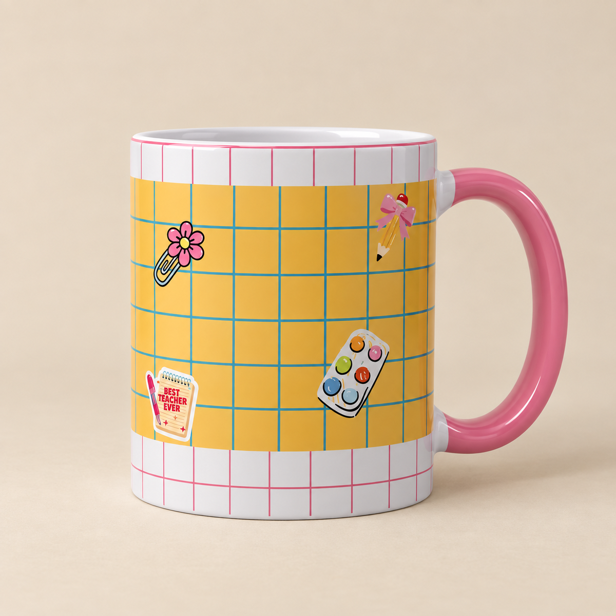 Back of personalized teacher mug with colorful school design and pink handle