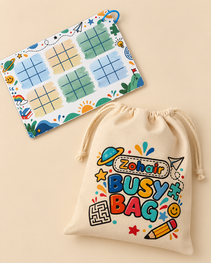 Reusable educational activity pages included with personalized kids Busy Bag for screen-free play